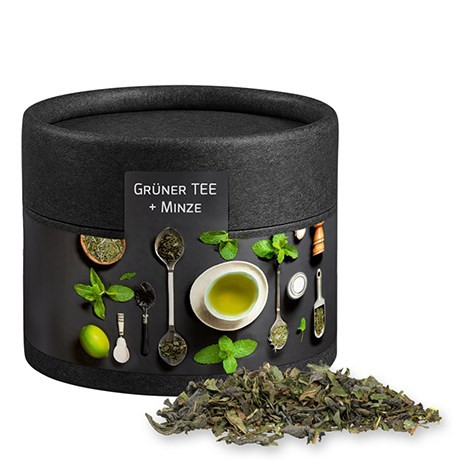 Grüner Tee mit Minze, ca. 10g, Biologisch abbaubare Eco Pappdose Mini schwarz